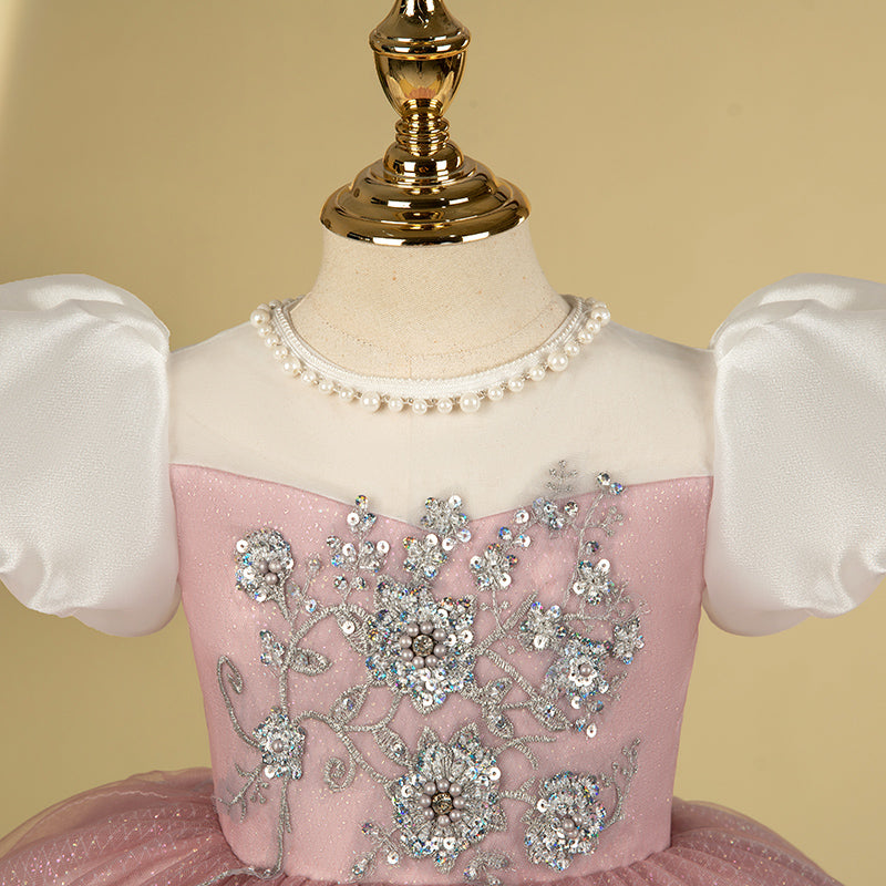 Pink Satin Tulle Princess Flower Girl Dress Flower Sequin Knee