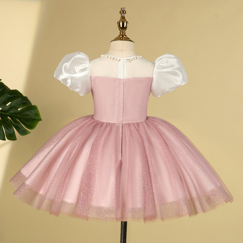 Pink Satin Tulle Princess Flower Girl Dress Flower Sequin Knee