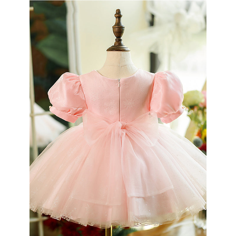 Pink Satin Tulle Princess Flower Girl Dress Pleated Puff Sleeve