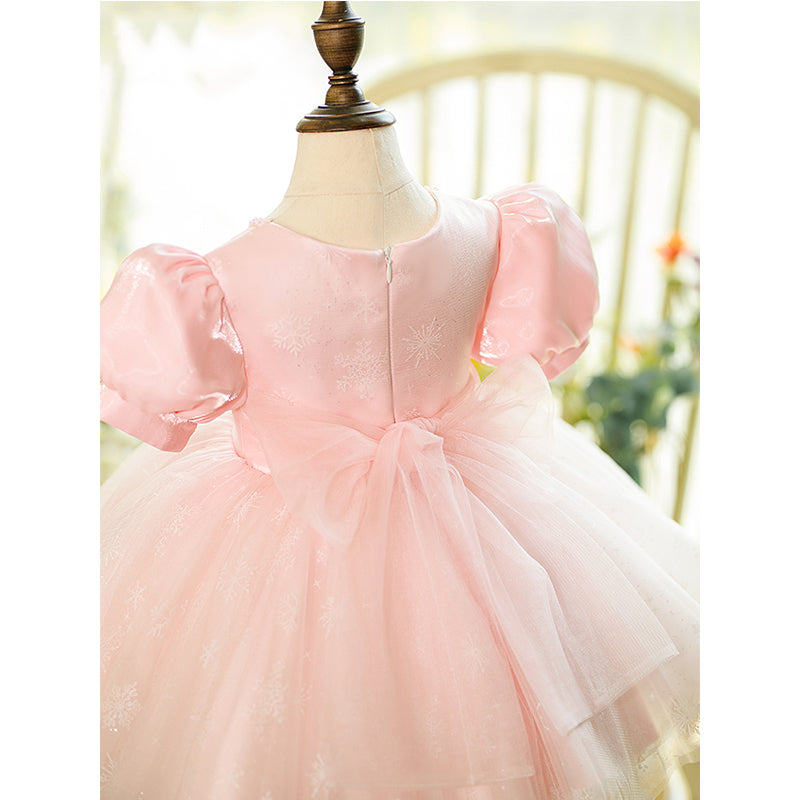 Pink Satin Tulle Princess Flower Girl Dress Pleated Puff Sleeve