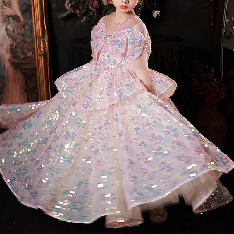 Pink Sequin A-Line Floor Length Flower Girl Dress V-Neck