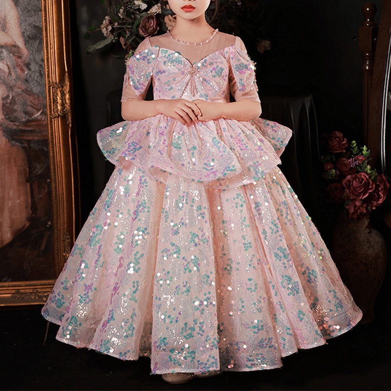 Pink Sequin A-Line Floor Length Flower Girl Dress V-Neck