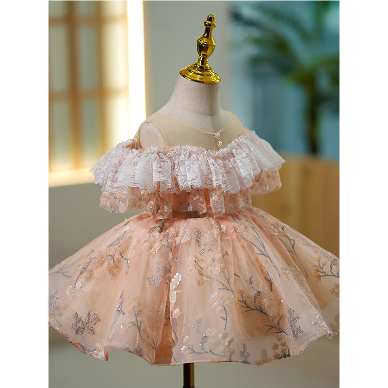 Pink Sequin A-Line Flower Girl Dress - Cold Shoulder