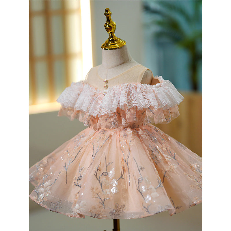 Pink Sequin A-Line Flower Girl Dress - Cold Shoulder