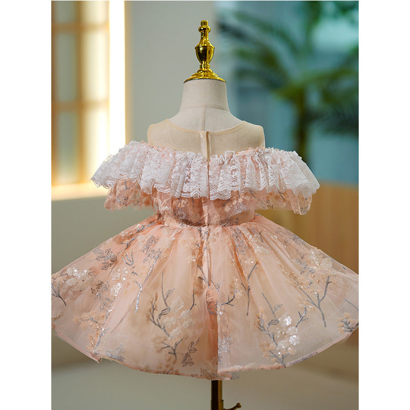 Pink Sequin A-Line Flower Girl Dress - Cold Shoulder