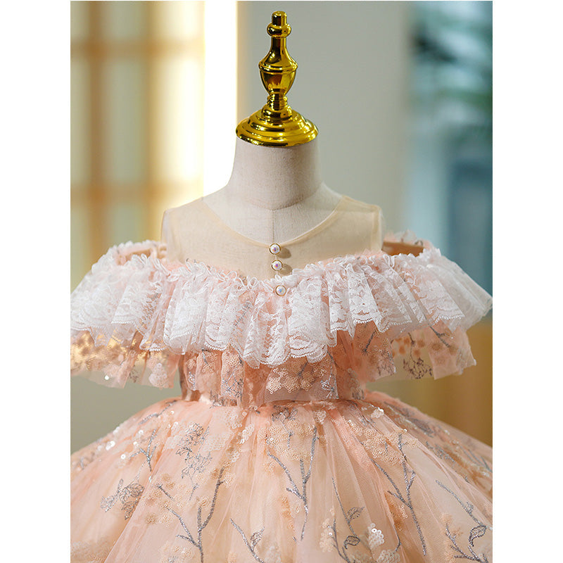 Pink Sequin A-Line Flower Girl Dress - Cold Shoulder