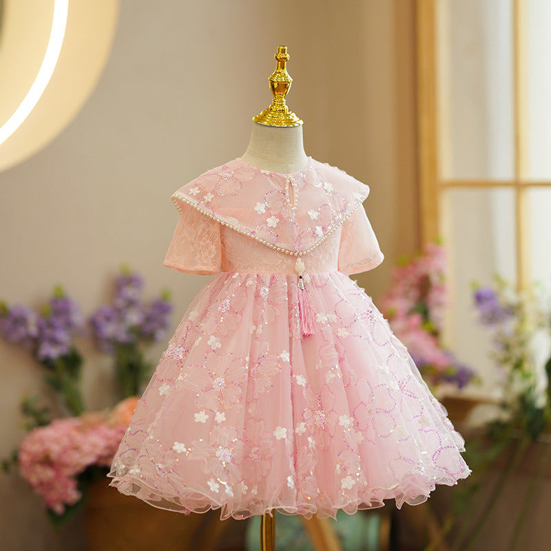Pink Sequin A-Line Flower Girl Dress Lace Bow Puff Sleeve