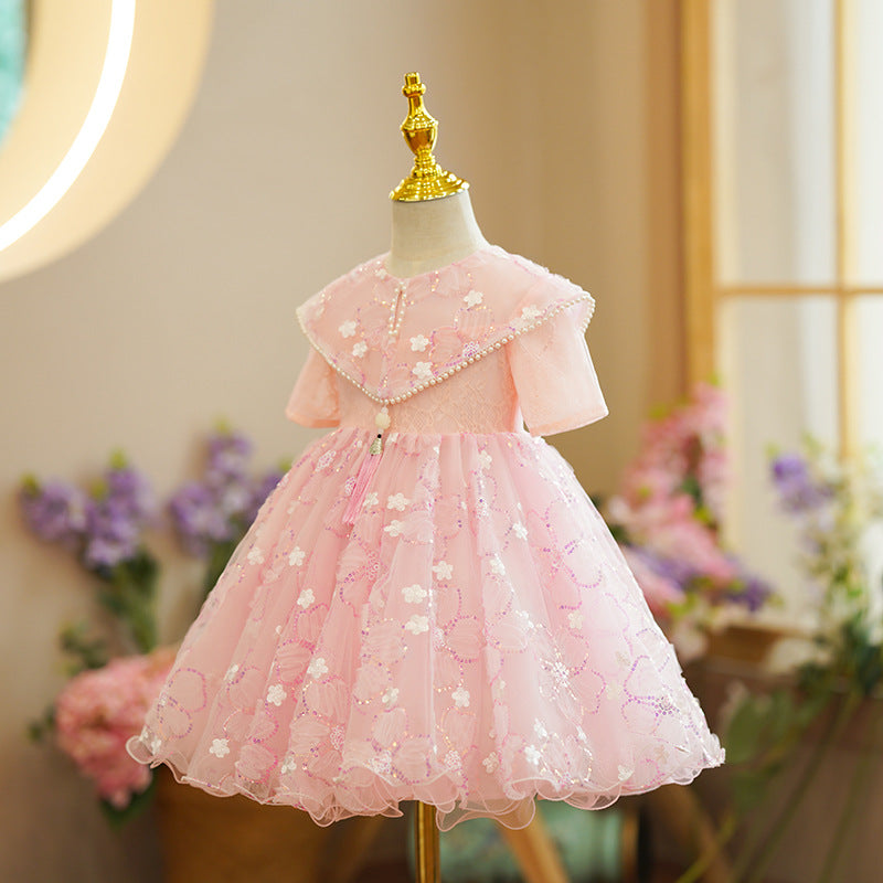 Pink Sequin A-Line Flower Girl Dress Lace Bow Puff Sleeve
