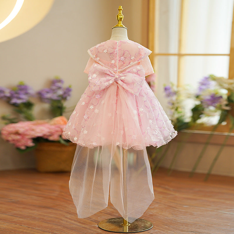 Pink Sequin A-Line Flower Girl Dress Lace Bow Puff Sleeve