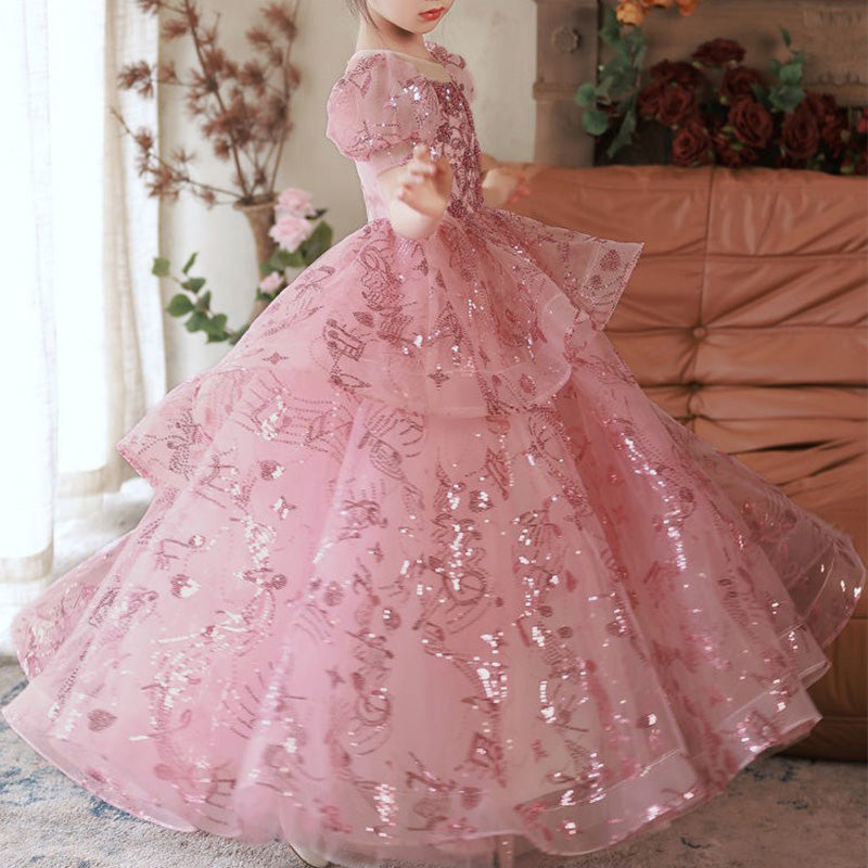 Pink Sequin A-Line Flower Girl Dress - Puff Sleeves