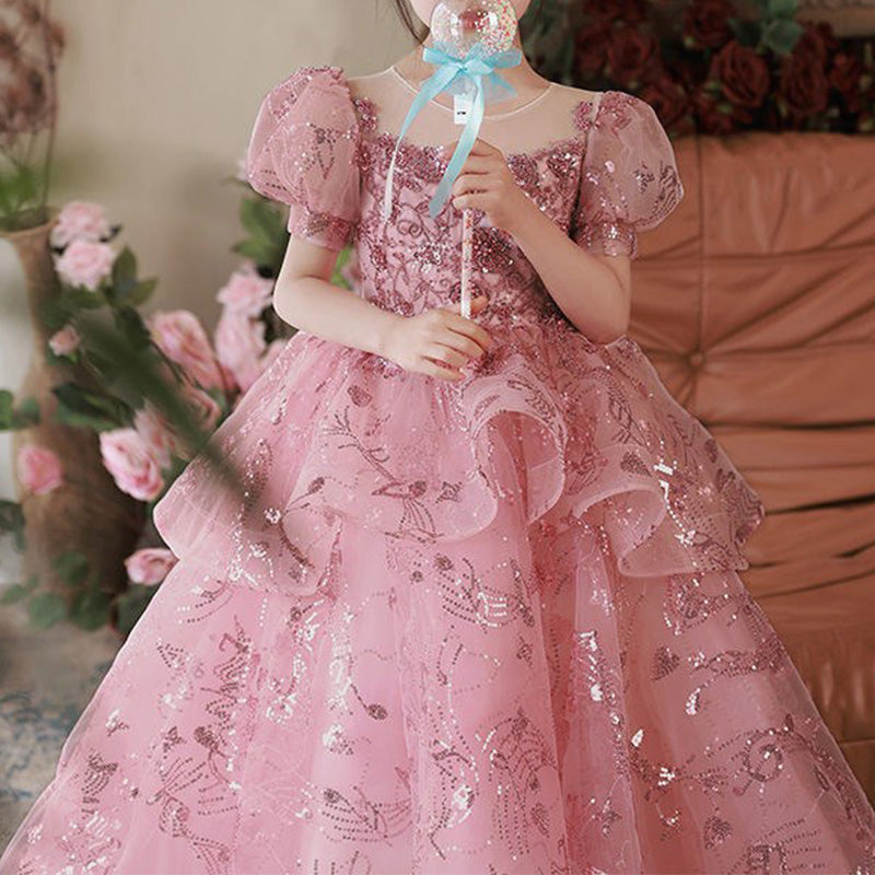Pink Sequin A-Line Flower Girl Dress - Puff Sleeves