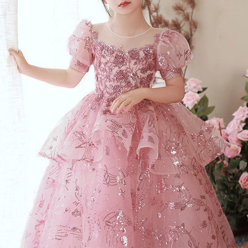 Pink Sequin A-Line Flower Girl Dress - Puff Sleeves