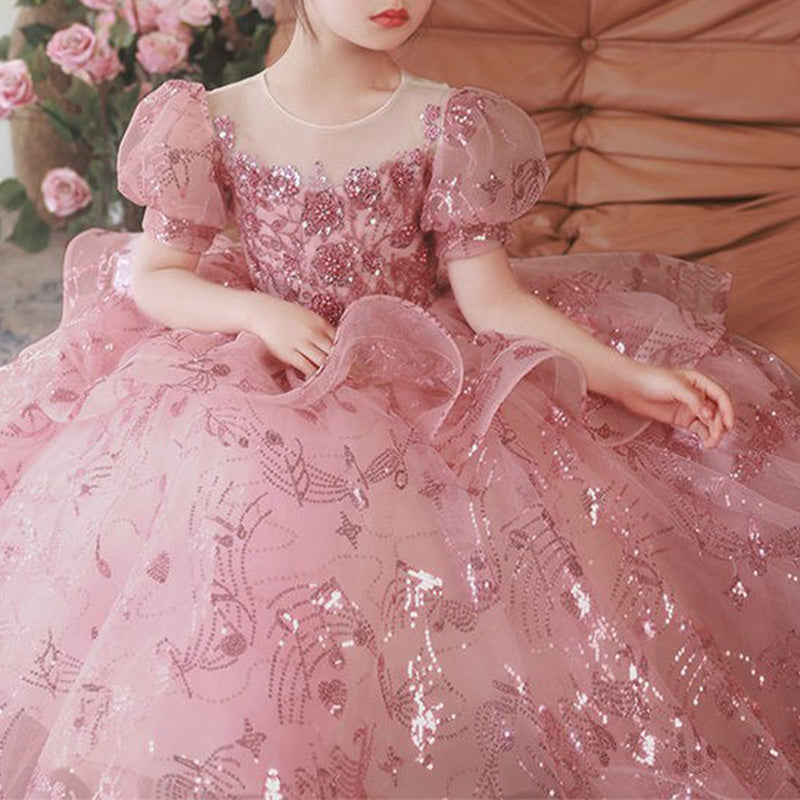 Pink Sequin A-Line Flower Girl Dress - Puff Sleeves