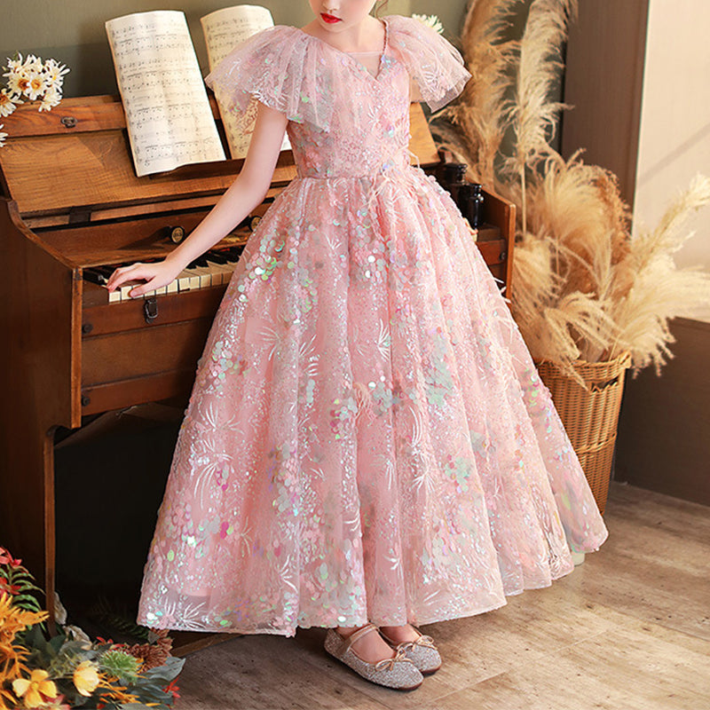 Pink Sequin A-Line Flower Girl Dress V-Neck Cap Sleeve Floor