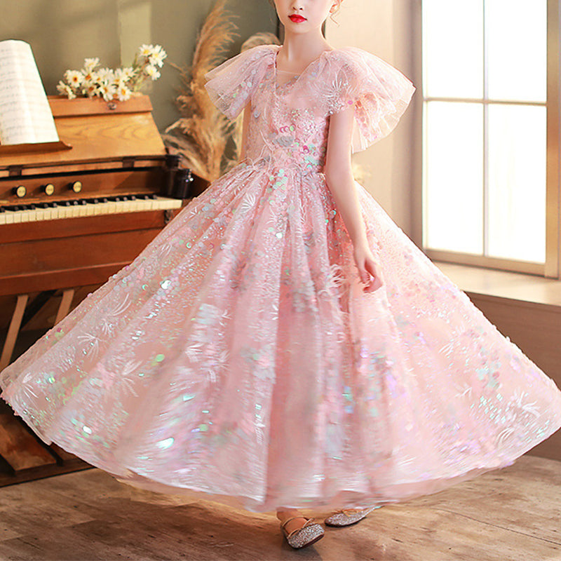 Pink Sequin A-Line Flower Girl Dress V-Neck Cap Sleeve Floor