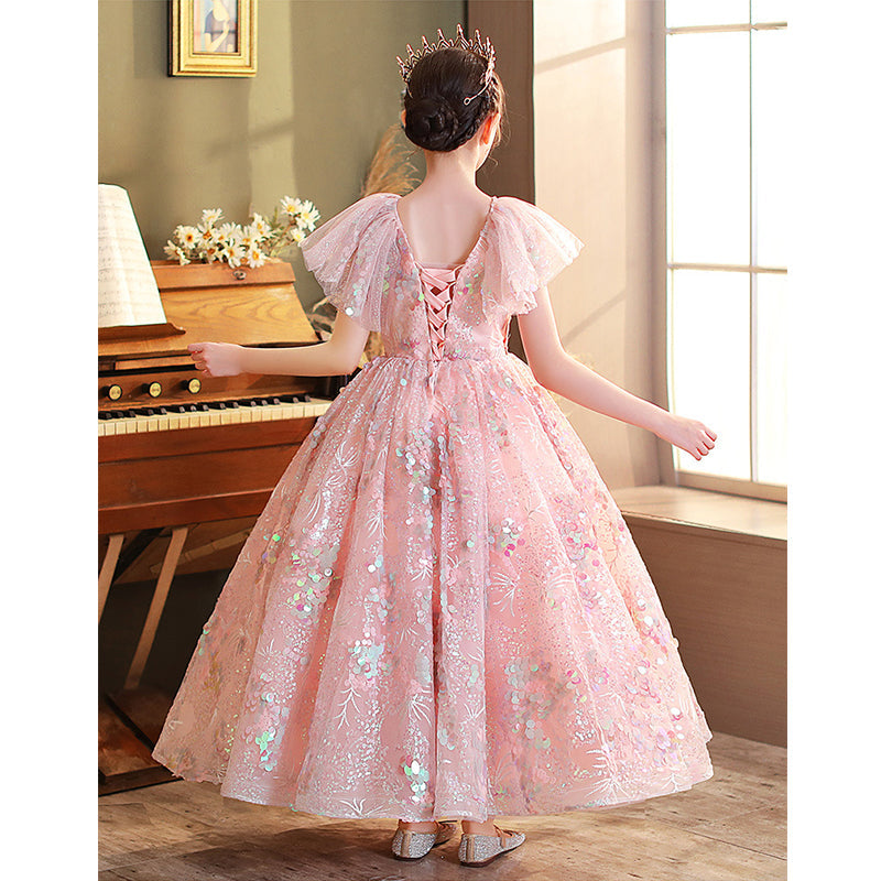 Pink Sequin A-Line Flower Girl Dress V-Neck Cap Sleeve Floor