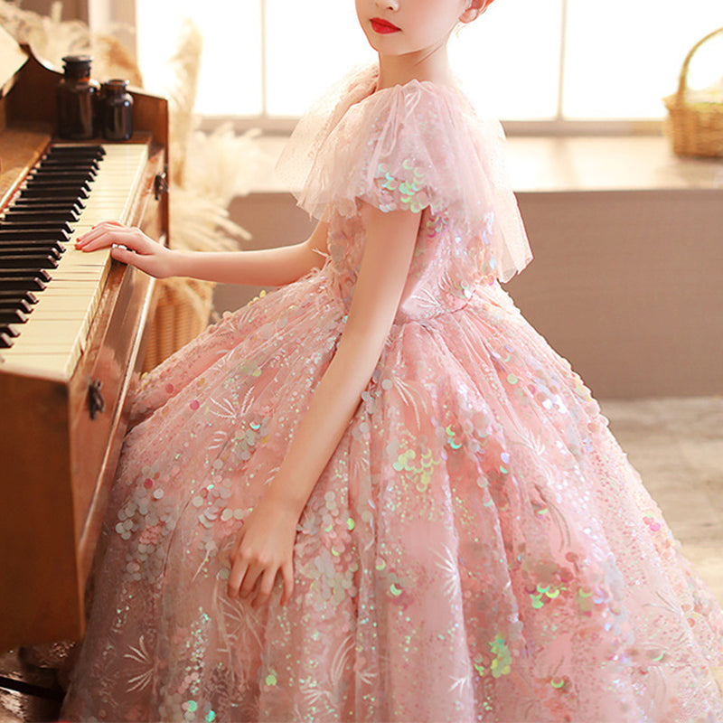 Pink Sequin A-Line Flower Girl Dress V-Neck Cap Sleeve Floor