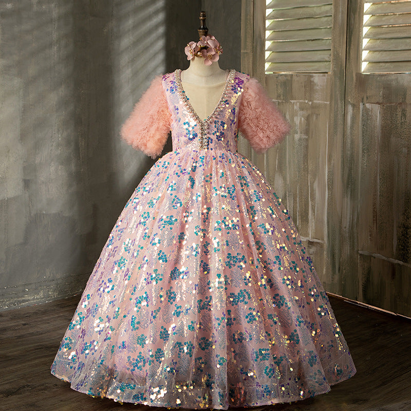 Pink Sequin A-Line Flower Girl Dress V-Neck Lantern Sleeve