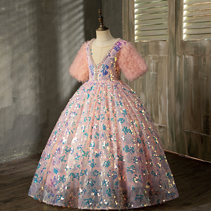 Pink Sequin A-Line Flower Girl Dress V-Neck Lantern Sleeve