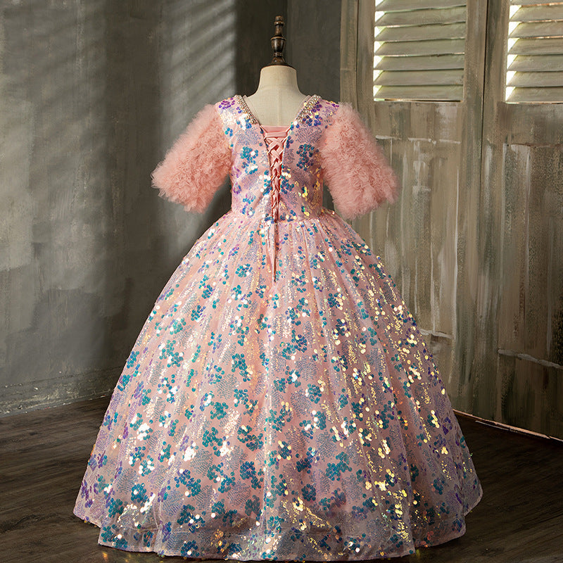 Pink Sequin A-Line Flower Girl Dress V-Neck Lantern Sleeve
