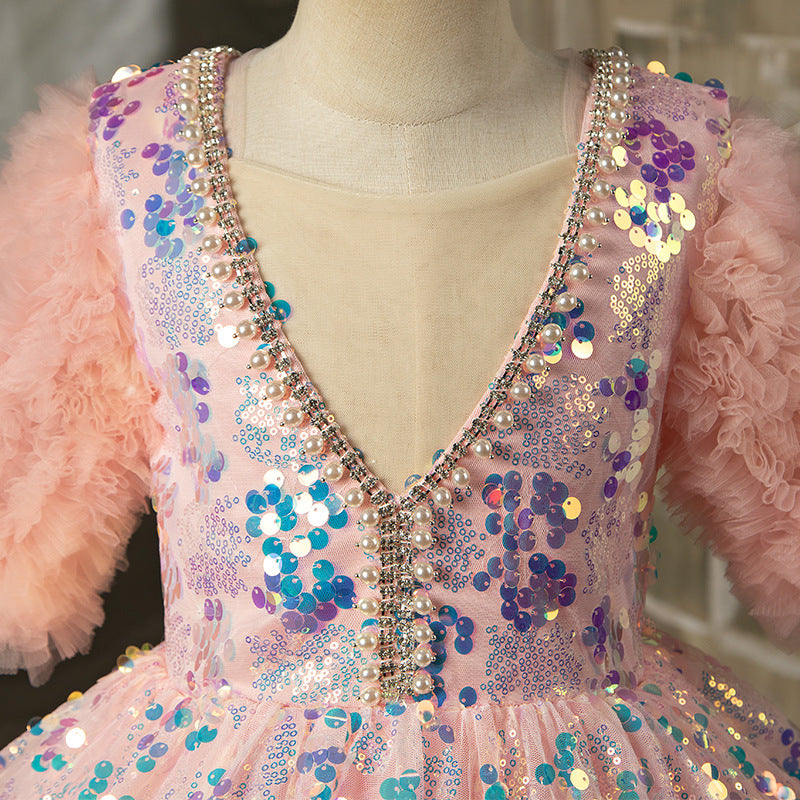 Pink Sequin A-Line Flower Girl Dress V-Neck Lantern Sleeve