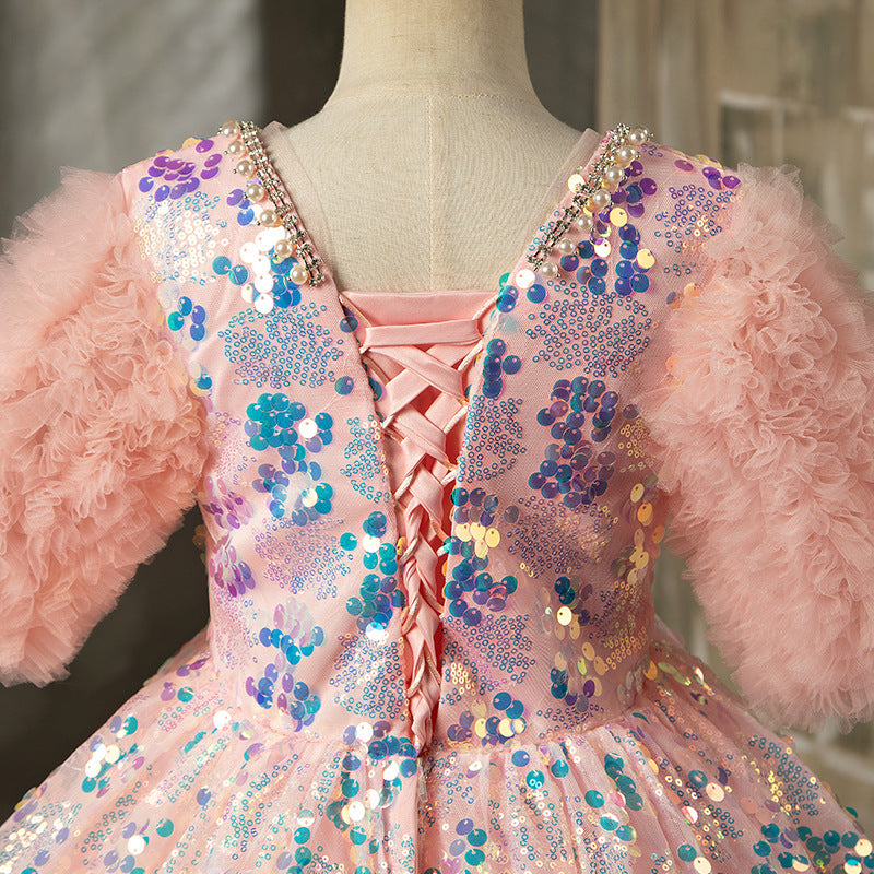 Pink Sequin A-Line Flower Girl Dress V-Neck Lantern Sleeve