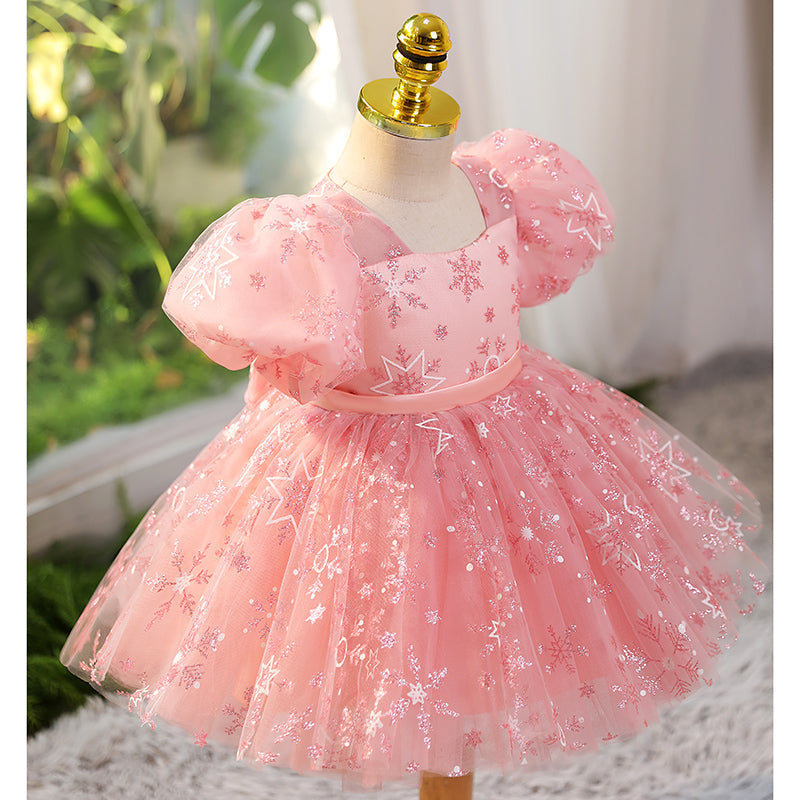 Pink Sequin A-Line Flower Girl Dress with Puff Sleeves