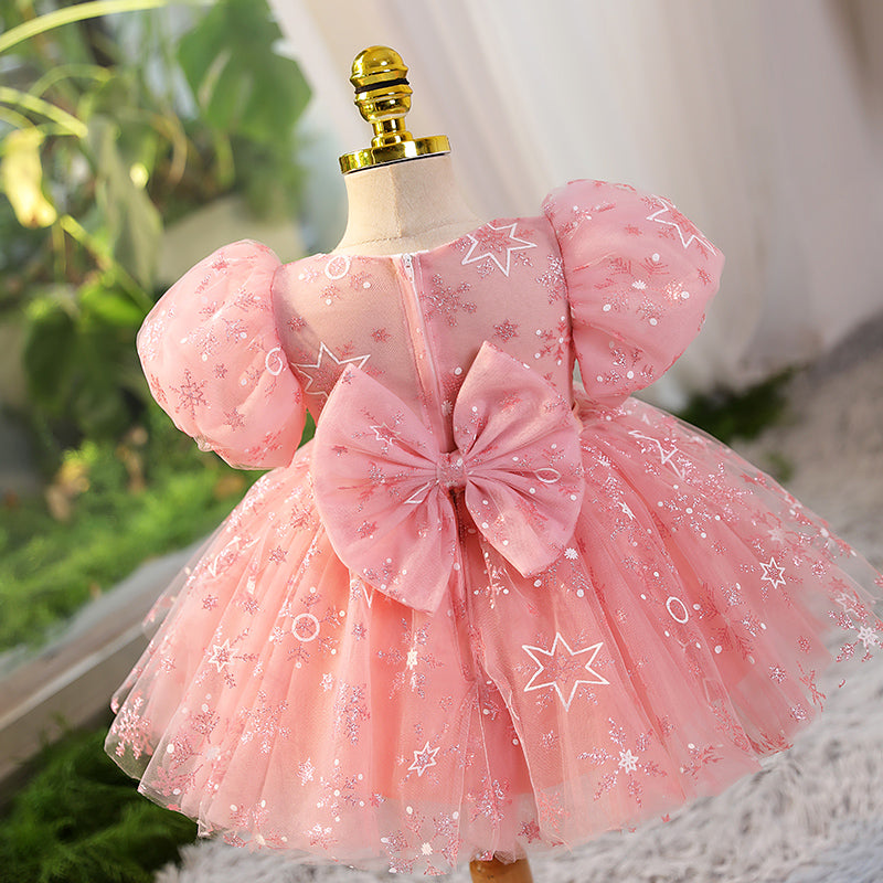 Pink Sequin A-Line Flower Girl Dress with Puff Sleeves