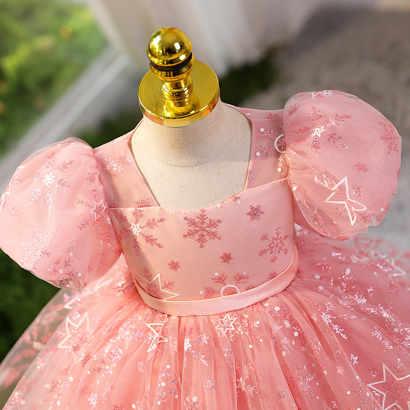 Pink Sequin A-Line Flower Girl Dress with Puff Sleeves