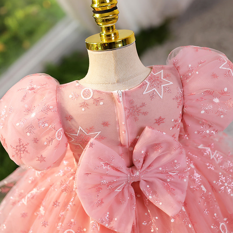 Pink Sequin A-Line Flower Girl Dress with Puff Sleeves