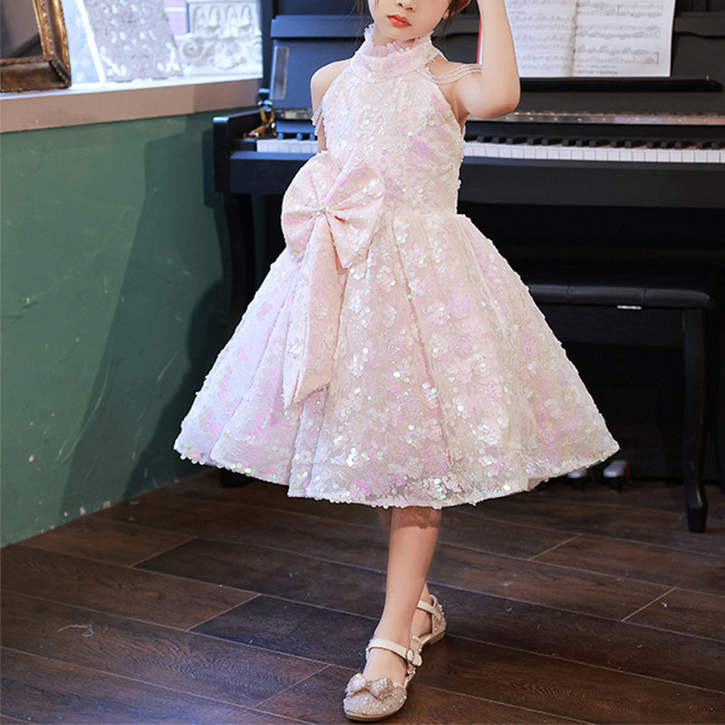 Pink Sequin A-Line Tea Length Flower Girl Dress Mock Neck Bow