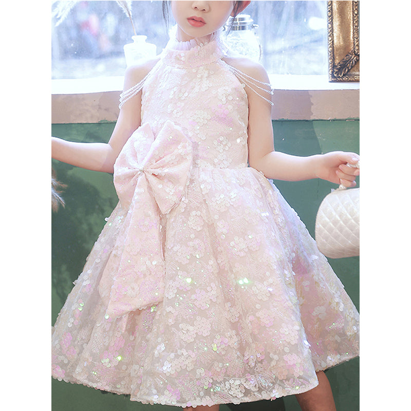 Pink Sequin A-Line Tea Length Flower Girl Dress Mock Neck Bow