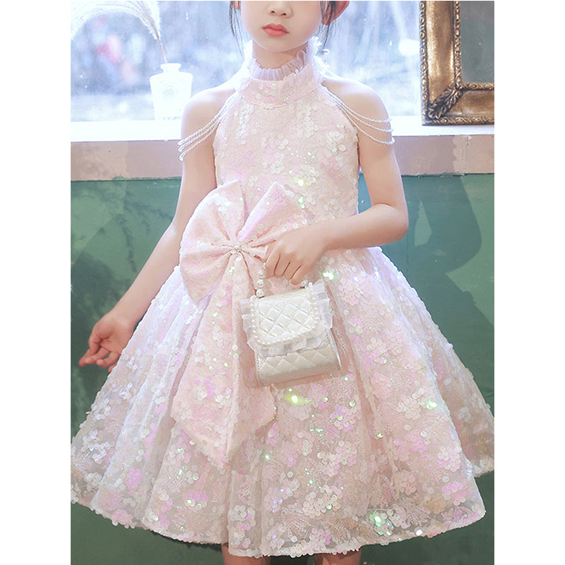 Pink Sequin A-Line Tea Length Flower Girl Dress Mock Neck Bow