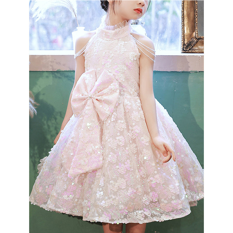 Pink Sequin A-Line Tea Length Flower Girl Dress Mock Neck Bow