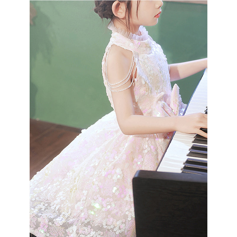 Pink Sequin A-Line Tea Length Flower Girl Dress Mock Neck Bow
