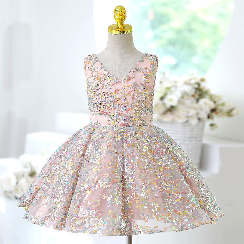 Pink Sequin A-Line Tea Length Flower Girl Dress V-Neck