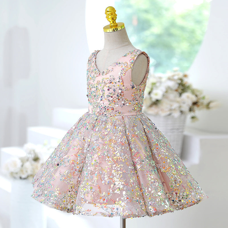 Pink Sequin A-Line Tea Length Flower Girl Dress V-Neck