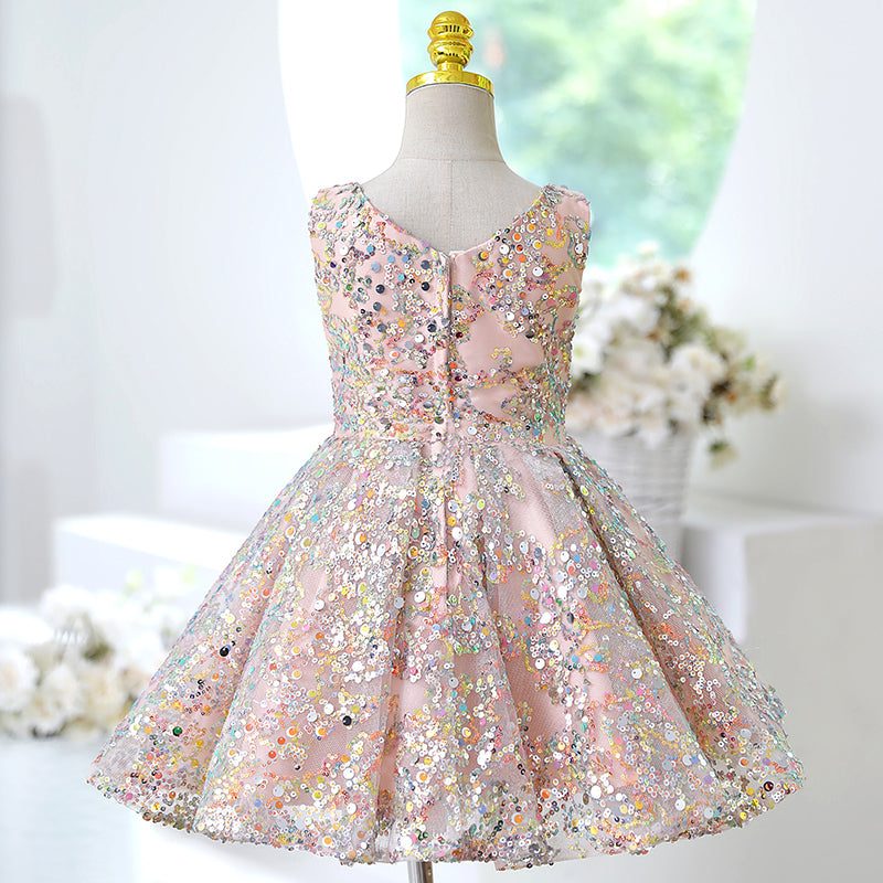 Pink Sequin A-Line Tea Length Flower Girl Dress V-Neck