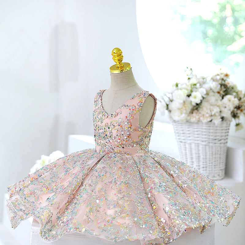 Pink Sequin A-Line Tea Length Flower Girl Dress V-Neck