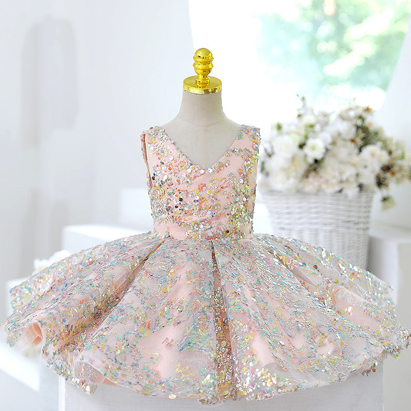 Pink Sequin A-Line Tea Length Flower Girl Dress V-Neck