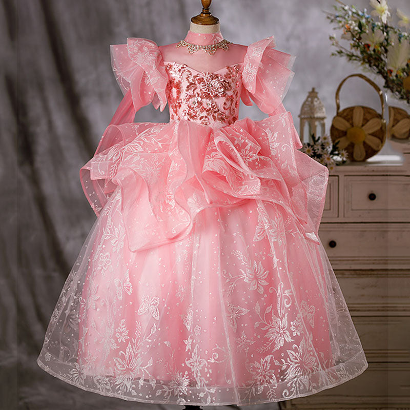 Pink Sequin Organza Flower Girl Dress | Mock Neck