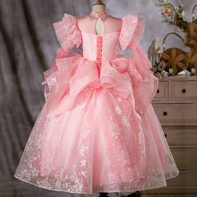 Pink Sequin Organza Flower Girl Dress | Mock Neck