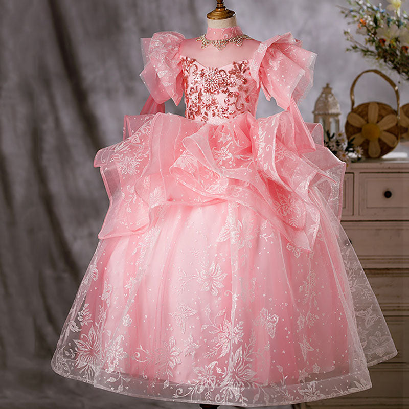 Pink Sequin Organza Flower Girl Dress | Mock Neck