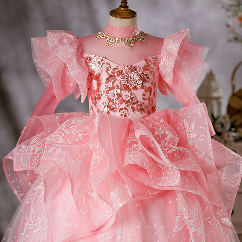 Pink Sequin Organza Flower Girl Dress | Mock Neck