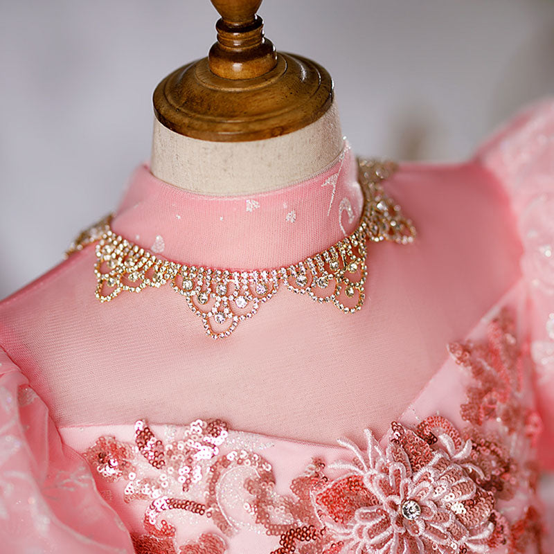 Pink Sequin Organza Flower Girl Dress | Mock Neck