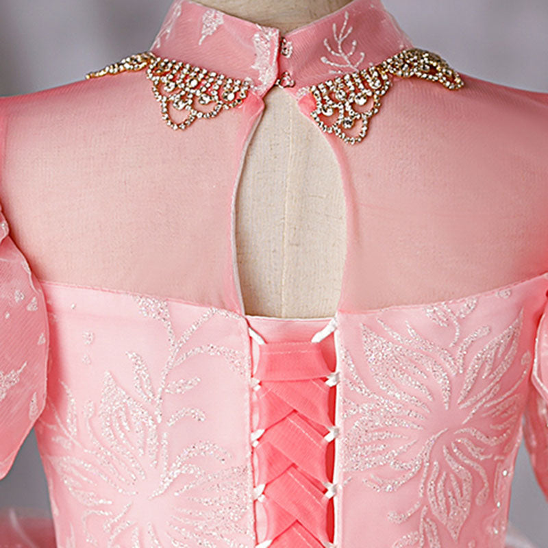Pink Sequin Organza Flower Girl Dress | Mock Neck