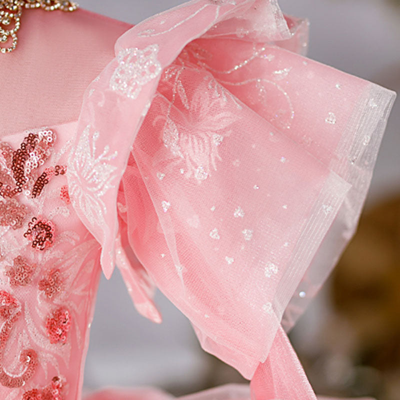 Pink Sequin Organza Flower Girl Dress | Mock Neck