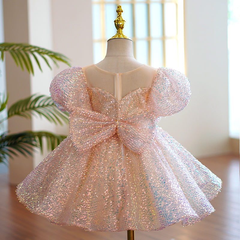 Pink Sequin Princess Dress | Short Puff Sleeves