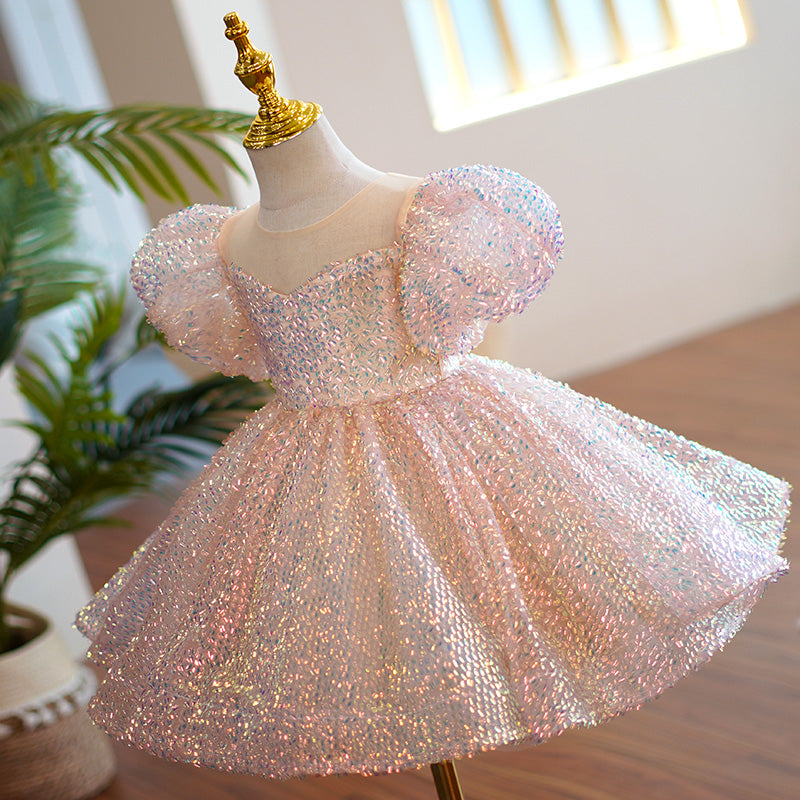 Pink Sequin Princess Dress | Short Puff Sleeves