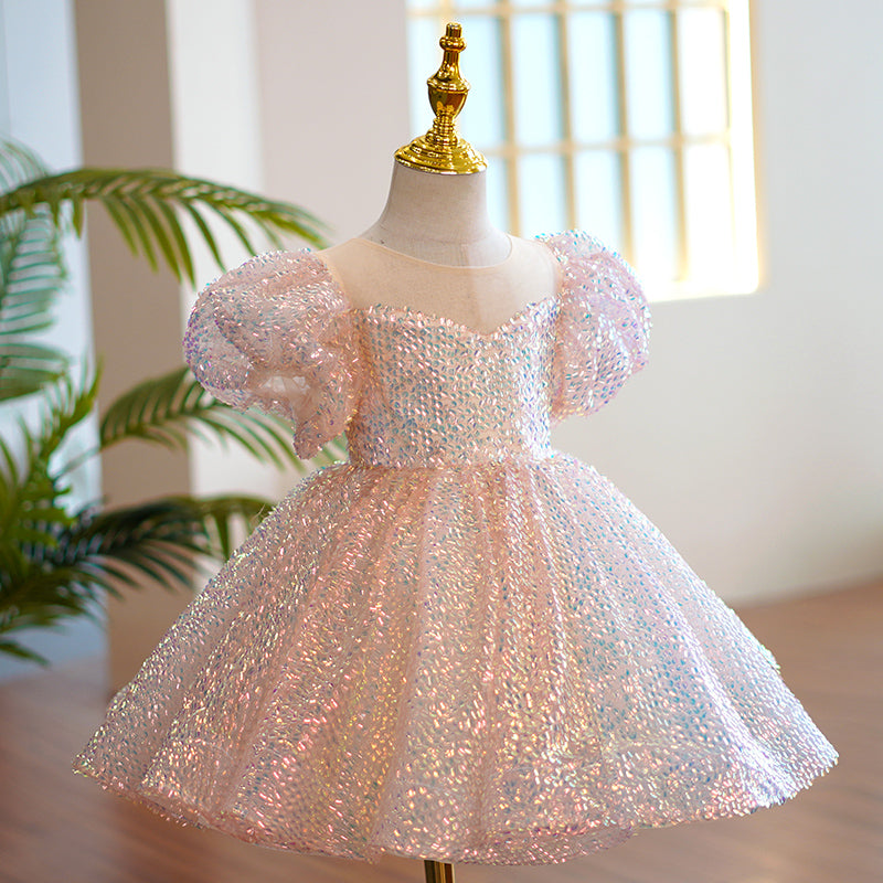 Pink Sequin Princess Dress | Short Puff Sleeves